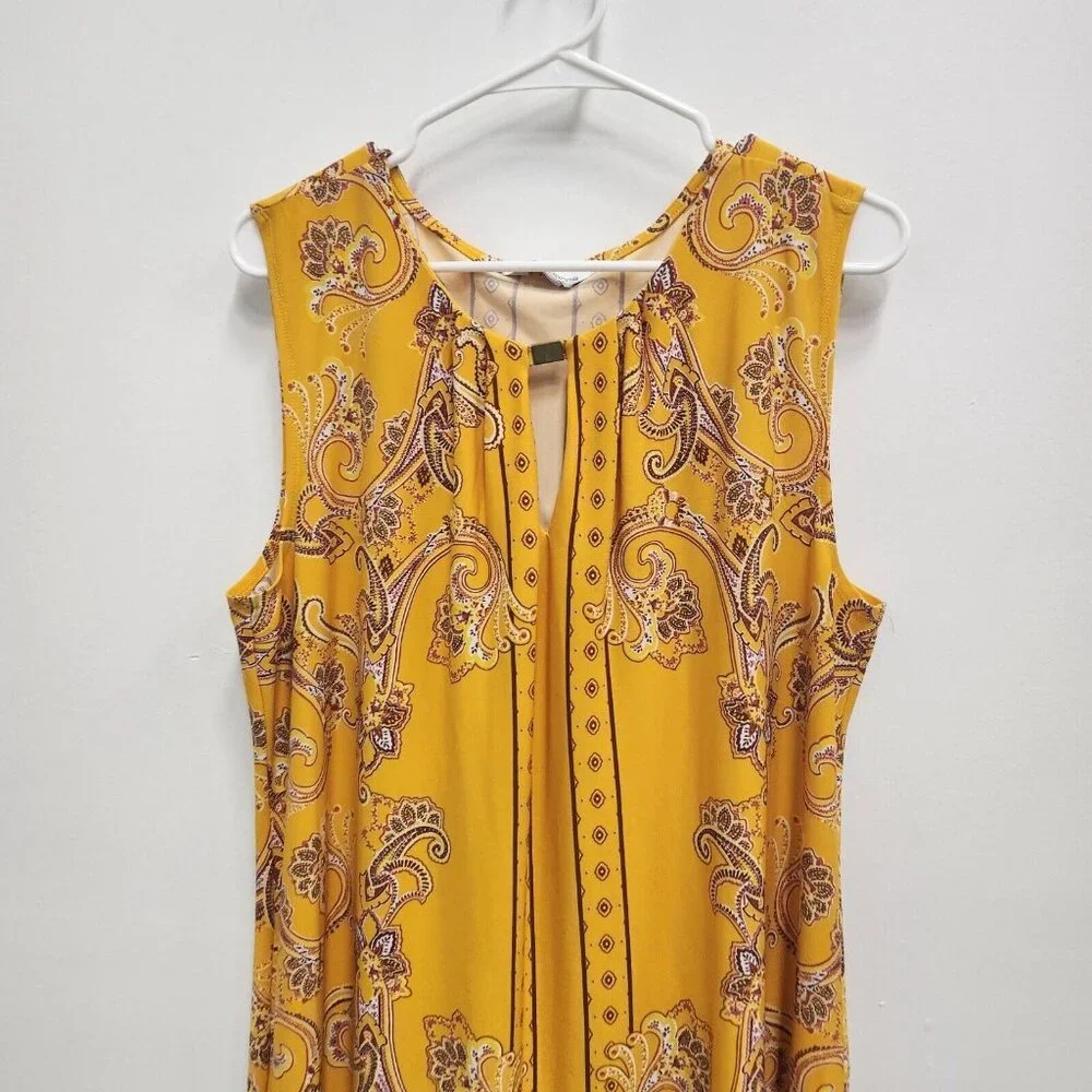 Liz Claiborne BOHO Shift Dress Women XL Yellow Paisley Keyhole Neck Sleeveless - Picture 3 of 7
